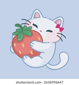 white cat holding strawberry in isolated background