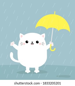 White cat holding yellow umbrella. Rain drops. Hello autumn. Cute kawaii funny cartoon baby character. Pet animal collection. Blue background. Isolated. Vector illustration
