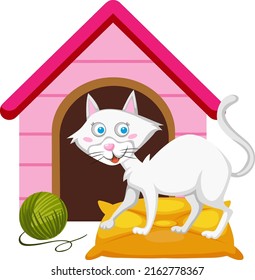 White cat with house in cartoon style illustration