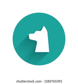 White Cat icon isolated with long shadow. Green circle button. Vector Illustration