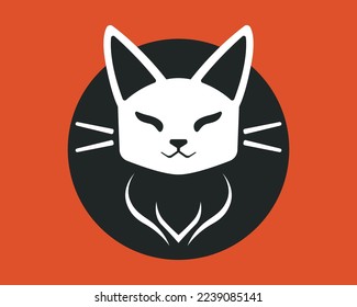 icono del gato blanco en un fondo rojo. logotipo del gato feliz. ilustración vectorial plana.