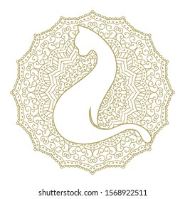 white cat inside gold mandala, vector