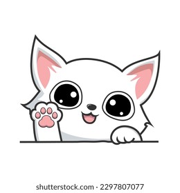 White Cat Kawaii Waving Paws Hand - Cute White Pussy Cat Cartoon