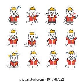 White cat king characters set showing various emotions, facial expressions. Modern vector illustration