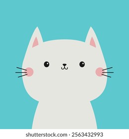 White cat kitten face. Funny head round icon. Pink cheeks. Cute kawaii cartoon character. Valentines Day. Childish style. Greeting card template. Sticker print. . Blue background. Flat design. Vector