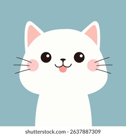 White cat kitten face head. Kawaii animal. Cute cartoon funny smiling kitty character. Happy Valentines Day. Greeting card. Flat design. Blue background. Isolated. Vector illustration