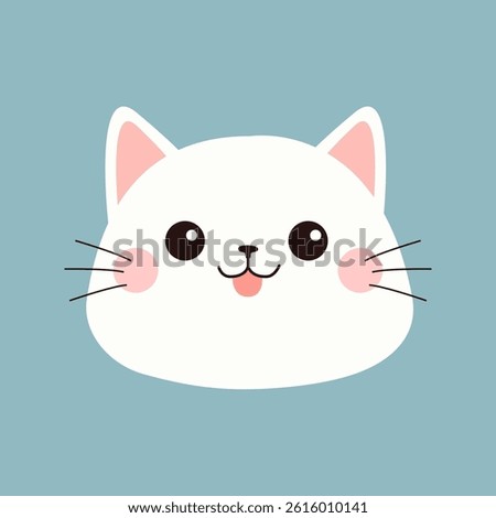 White cat kitten face head icon. Cute cartoon funny smiling kitty character. Kawaii animal. Happy Valentines Day. Greeting card. Flat design. Blue background. Isolated. Vector illustration