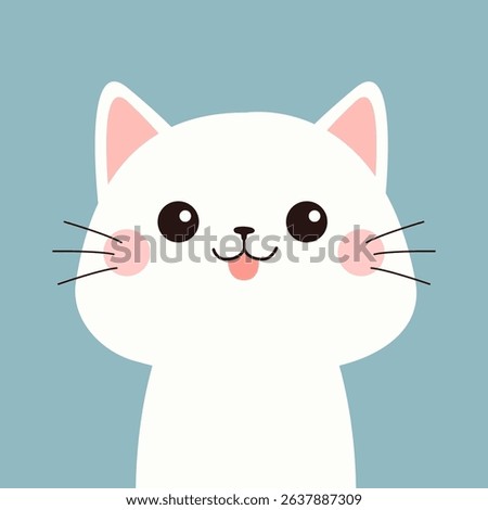 White cat kitten face head. Kawaii animal. Cute cartoon funny smiling kitty character. Happy Valentines Day. Greeting card. Flat design. Blue background. Isolated. Vector illustration