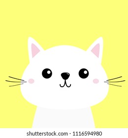 White cat kitten Funny head baby face. Moustaches. Cute kawaii cartoon character. Pink cheeks. Greeting card template. Yellow background. Flat design. Vector illustration