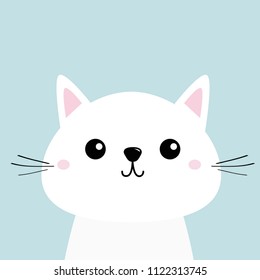 White cat kitten Funny head baby face. Moustaches. Cute kawaii cartoon character. Pink cheeks. Greeting card template. Blue background. Flat design. Vector illustration