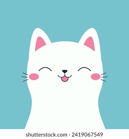 White cat kitten. Happy relaxing sleeping face head silhouette. Funny kawaii smiling animal. Pink cheeks, tongue, ears. Cute cartoon baby pet character. Flat design. Blue background. Vector
