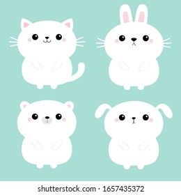 White cat kitten kitty, bear, dog puppy, rabbit bunny hare icon set. Kawaii animal. Cute cartoon character. Funny baby. Love card. Flat design. Blue background. Isolated. Vector illustration