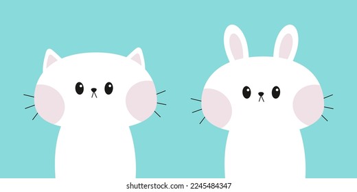 White cat kitten kitty bunny rabbit icon set. Pink cheek. Funny face. Kawaii cute cartoon baby character. Happy Valentines Day. Flat design. Blue background. Isolated. Vector illustration