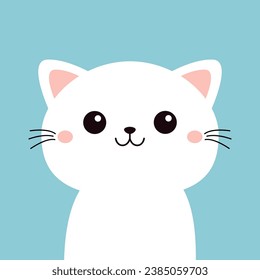 White cat kitten, kitty. Cartoon kawaii funny smiling baby character. Cute face head. Kids collection. Sticker print. Meow. Flat design. Blue background. Isolated. Vector illustration