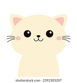 White cat kitten, kitty. Cute face head. Cartoon kawaii funny smiling baby character. Kids collection. Sticker print. Meow. Flat design. White background. Isolated. Vector illustration