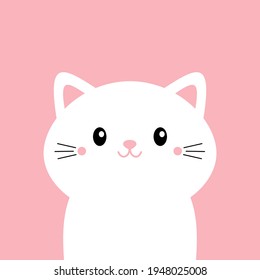 White cat kitten kitty face head. Kawaii cute cartoon funny character. Baby greeting card tshirt notebook cover template. Happy Valentines Day. Flat design. Pink background. Vector illustration