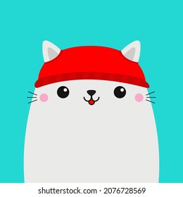 White cat kitten kitty head face. Red hat. Merry Christmas. Happy New Year. Greeting card. Cute cartoon kawaii baby character. Funny animal. Flat design. Hello winter. Blue background. Vector