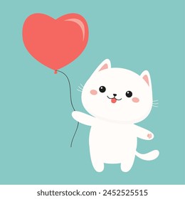 Gatito gato blanco gatito sosteniendo globo de aire corazón rojo. Caricatura linda kawaii divertido animal bebé personaje. Cara sonriente. Feliz Día de San Valentín. Diseño plano. Tarjeta de amor. Fondo azul. Aislado. Vector
