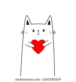 White cat kitten kitty holding red heart. Happy Valentines Day. Funny head face. Hand drawn contour line doodle. Cute cartoon kawaii animal character. Flat design. Love card. White background. Vector