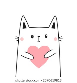 White cat kitten kitty holding pink heart. Happy Valentines Day. Hand drawn contour line doodle. Funny head face. . Cute cartoon kawaii animal character. Flat design. Love card White background Vector