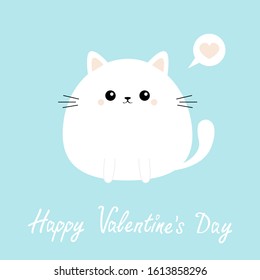 White cat kitten kitty icon. Happy Valentines Day. Funny head face. Cute kawaii cartoon round character. Pink heart. Baby greeting card template. Blue background. Flat design. Vector illustration