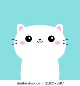 White cat kitten kitty icon. Funny happy face. Kawaii cute cartoon character. Baby greeting card tshirt notebook cover template. Happy Valentines Day. Flat design. Blue background. Isolated. Vector