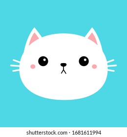 White cat kitten kitty round icon. Cute kawaii cartoon baby character. Funny sad face. Happy Valentines Day. Greeting card tshirt notebook cover print. Blue background. Flat design. Vector