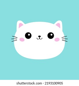 White cat kitten kitty round icon. Kawaii cute cartoon character. Funny happy face. Baby greeting card tshirt notebook cover template. Happy Valentines Day. Flat design Blue background Isolated Vector