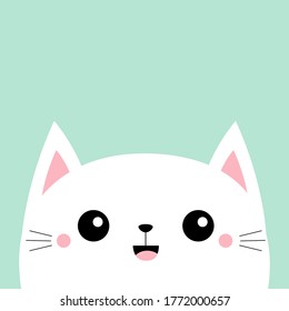 White cat kitten kitty smiling icon. Cute face. Kawaii cartoon character. Happy Valentines Day. Pink cheeks. Baby greeting card tshirt notebook cover print. Blue background. Flat design. Vector
