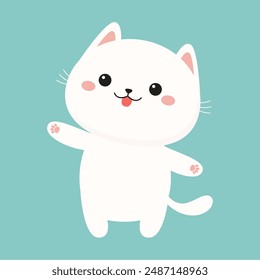 Gatito gato blanco gatito con orejas rosadas, par print. Caricatura linda kawaii divertido animal bebé personaje. Cara sonriente. Feliz Día de San Valentín. Diseño plano. Tarjeta de amor. Fondo azul. Aislado. Vector