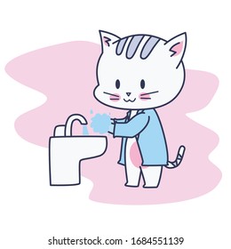 White Cat Kitten Wash Hand Corona Virus Covid-19 Illustration Vector Water