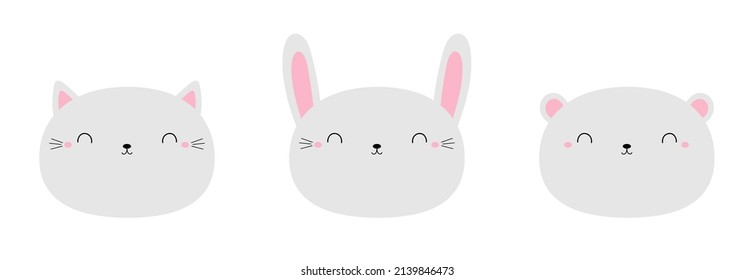 White cat kitty, kitten, bear cub bunny rabbit icon set. Cute kawaii animal. Cartoon funny baby character. Round face head. Kids print for poster, t-shirt cloth. Flat design. White background. Vector