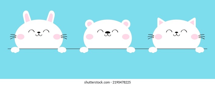 White cat kitty, kitten, bear cub bunny rabbit icon set. Cute kawaii animal. Cartoon baby character. Funny face head, paw hand. Kids print for poster, t-shirt cloth. Flat design Blue background Vector