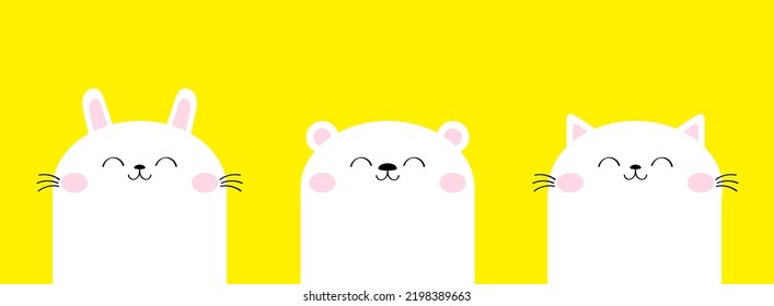 Weiße Katzenküche, Kätzchen, Bären Cupbunny Kaninchen Symbol Set. Cute kawaii Tier. Cartoon Babyfigur. Funny Gesicht Kopf. Kinder drucken auf Plakat, T-Shirt-Tuch. Flaches Design. Gelber Hintergrund. Vektorgrafik
