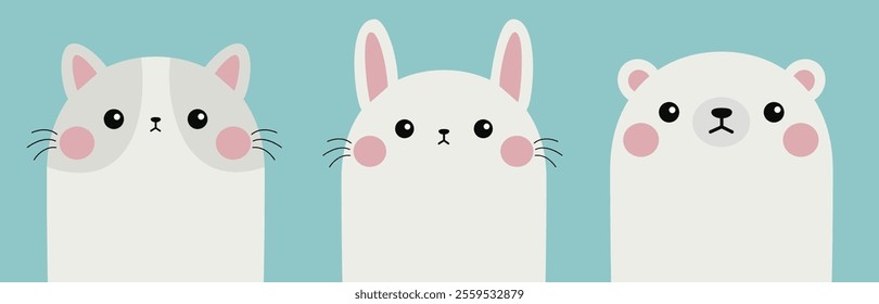 White cat kitty kitten, bear, bunny rabbit icon set. Cute kawaii animal. Cartoon funny character. Funny face head. Happy Easter. Valentines Day. Love Greeting card. Blue background. Flat design Vector