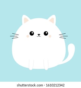 White cat kitty kitten icon. Funny head face. Cute kawaii cartoon round character. Baby greeting card template. Happy Easter sign symbol. Blue background. Flat design. Vector illustration