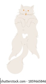 White cat laying down on back. Cartoon character in relaxed pose showing belly