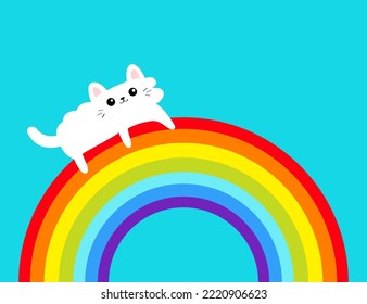 White cat laying on rainbow. Peeking kitten. Holding rainbow. Cute cartoon character. Valentines Day. Kawaii animal. Love Greeting card. LGBT flag sign symbol. Flat design. White background. Vector