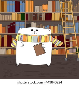 White cat in a library. Vector for design