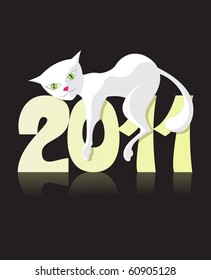 The white cat lies on numbers of new year . Illustration