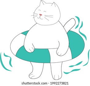 White cat with lifebuoy isolated on a white background. Cute cartoon relaxing character.  Flat design. Vector