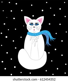 The white cat looks at snow at night