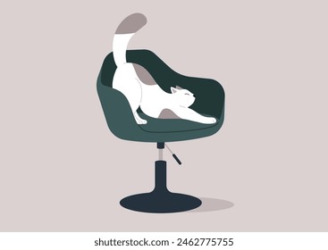 A white cat luxuriously stretches out on a modern office chair