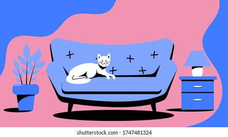 White cat lying on the sofa at home. Homeliness, flat vector illustration.