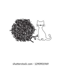 White cat making mess black and white vector illustration