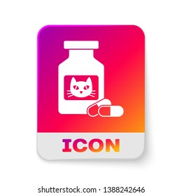 White Cat medicine bottle and pills icon isolated on white background. Container with pills. Prescription medicine for animal. Rectangle color button. Vector Illustration