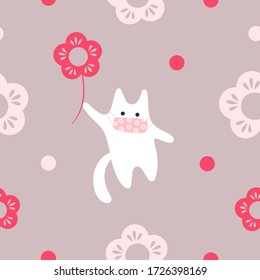 white cat in medicine mask with red flower on lilac background seamless pattern