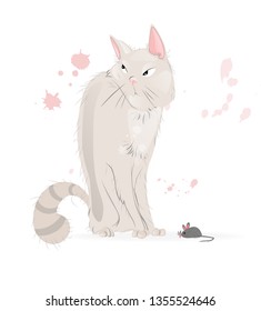 White Cat and a mouse Vector cartoon character. Pussy cat annoyed look