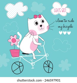white cat on bicycle vector illustration