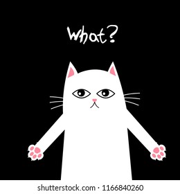 White cat on black background asking what? Upset write cat sticker vector illustration. Trendy sticker of cartoon cat.